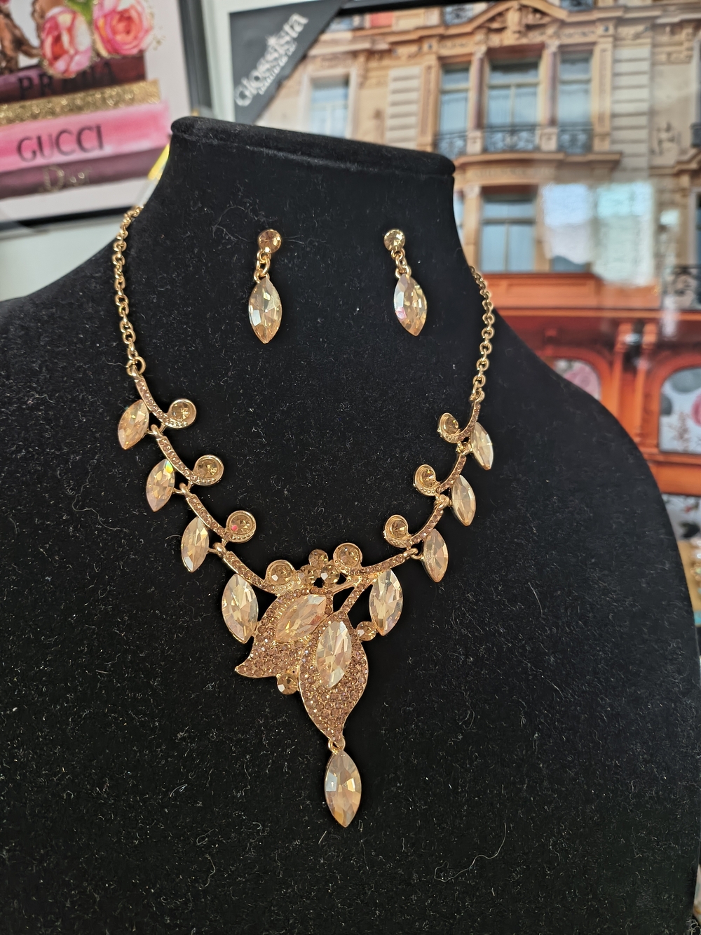 Champagne Crystal Leaf Necklace & Earring Set Statement